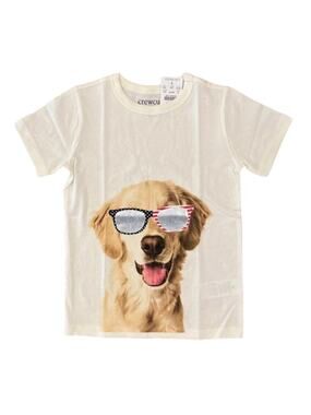 NWT J. Crew Boys' Ivory W/Patriotic Dog Sunglasses July 4th Tee - SIZE XS (4-5)